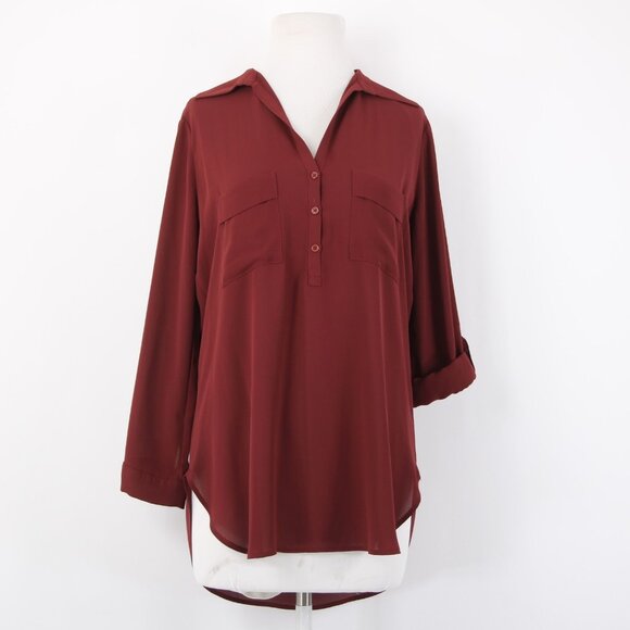 Pleione Top Sz XS Burgundy Red Collared Hi Lo Buttons 100% Polyester Top - Picture 4 of 15